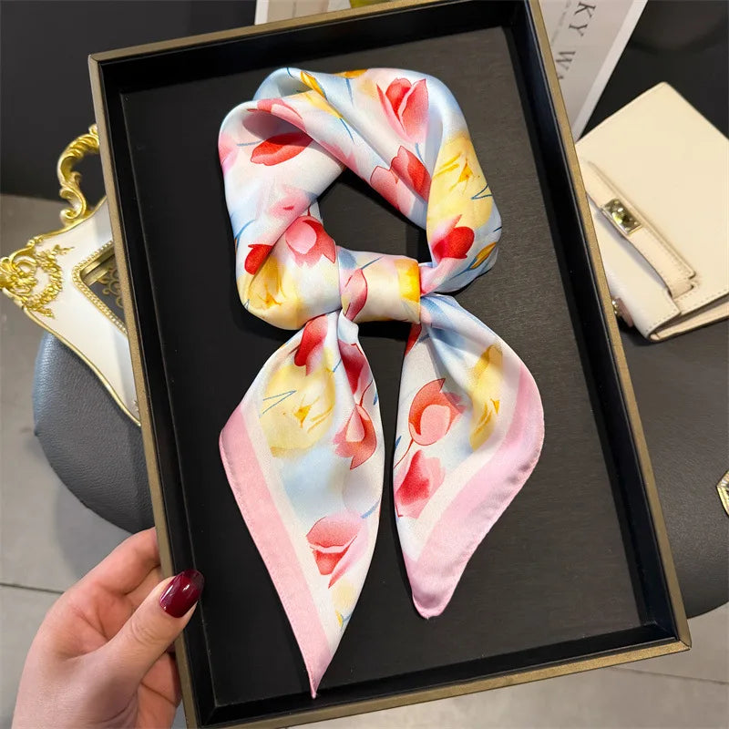 Elegant Floral Silk Scarf – Luxury 70cm Square Designer Foulard for Women | Versatile Shawl, Hijab, Hair Tie & Chic Accessory