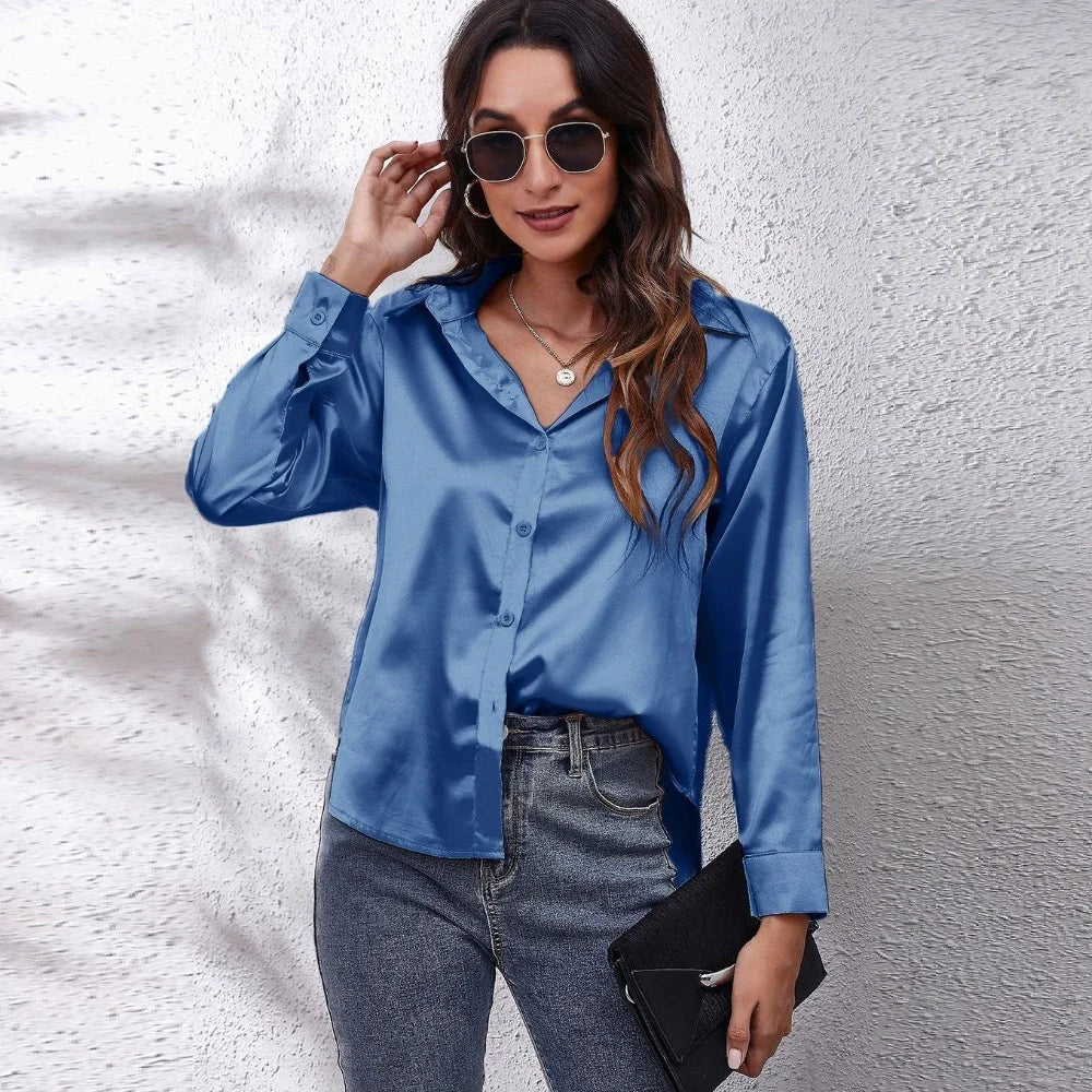 Women’s Satin Blouse – Elegant Long-Sleeve Shirt for Spring and Autumn – Stylish Streetwear and Casual Fashion Top