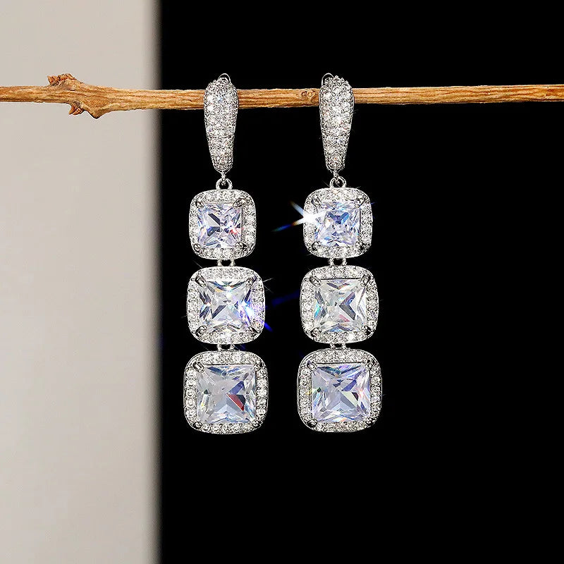 Luxury Long Tassel Drop Earrings – White & Green Zircon | 925 Sterling Silver | Elegant Square Design for Timeless Sophistication