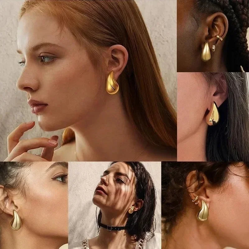 925 Sterling Silver Chunky Teardrop Earrings – 18K Gold Plated Vintage Dome Design | Bold Glossy Hoops for Timeless European Elegance