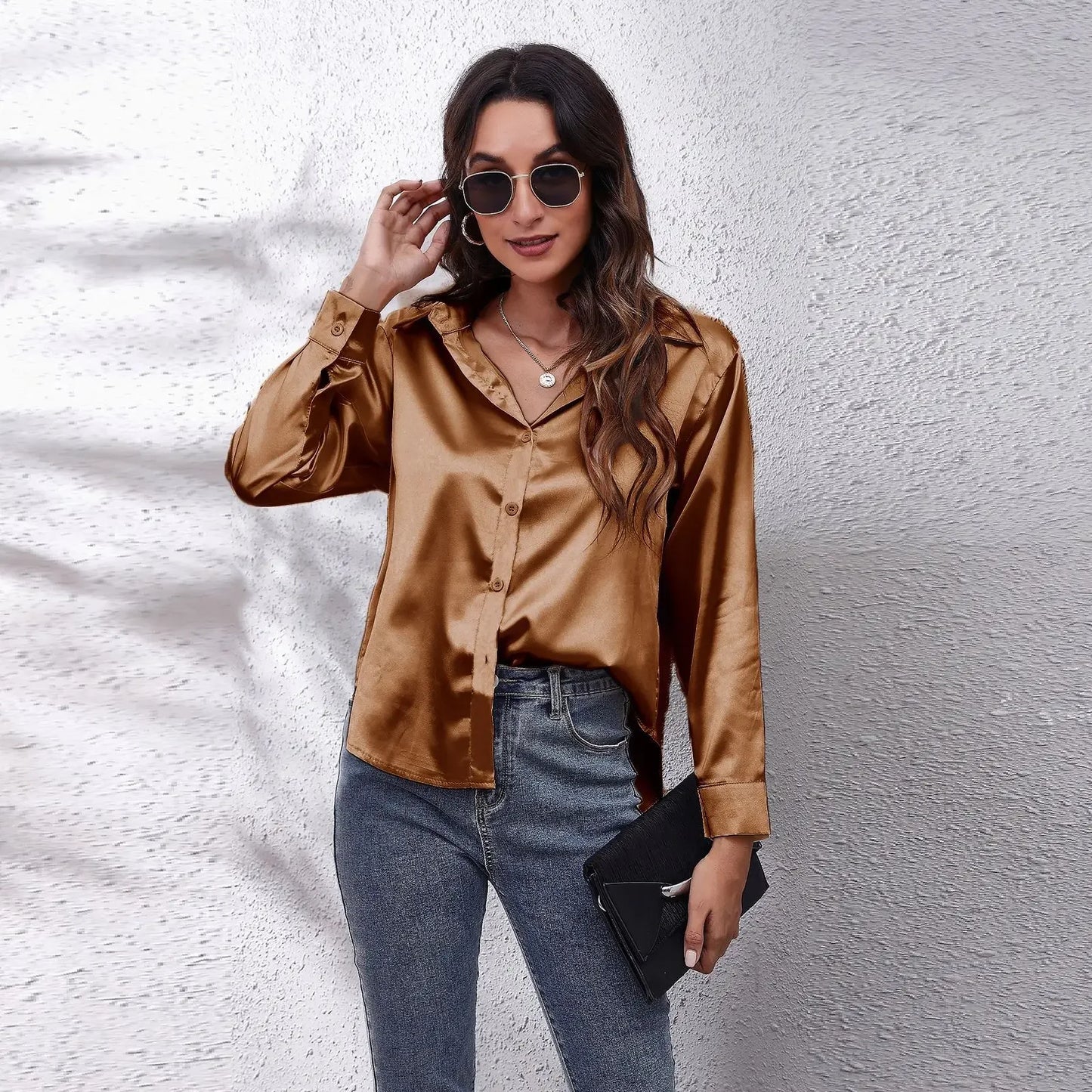 Women’s Satin Blouse – Elegant Long-Sleeve Shirt for Spring and Autumn – Stylish Streetwear and Casual Fashion Top