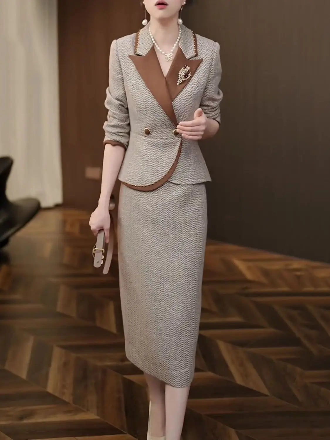 New Autumn and Winter Fashion – High-End Elegant Slim-Fit Suit Top and Dress Set – Sophisticated Two-Piece Outfit for a Timeless, Goddess Look