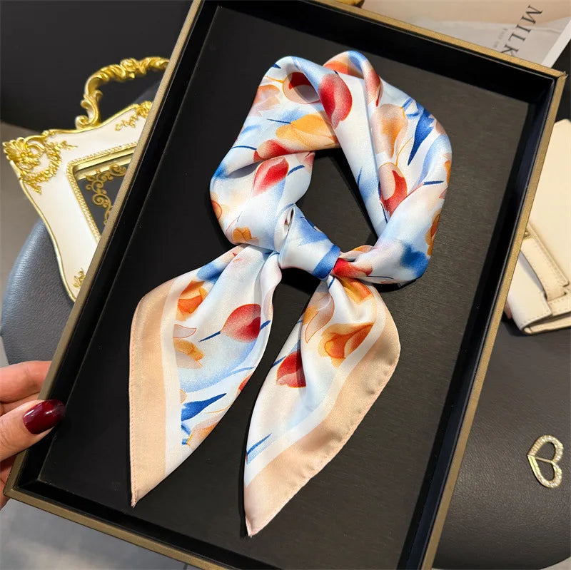 Elegant Floral Silk Scarf – Luxury 70cm Square Designer Foulard for Women | Versatile Shawl, Hijab, Hair Tie & Chic Accessory