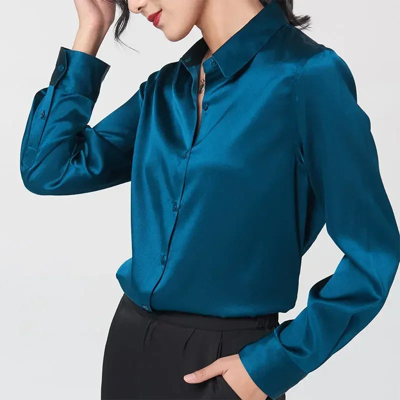 Women’s Long-Sleeve Silk Shirt – 19mm Mulberry Satin Blouse, Loose Fit and Versatile – Made with 95% Natural Silk and 5% Spandex