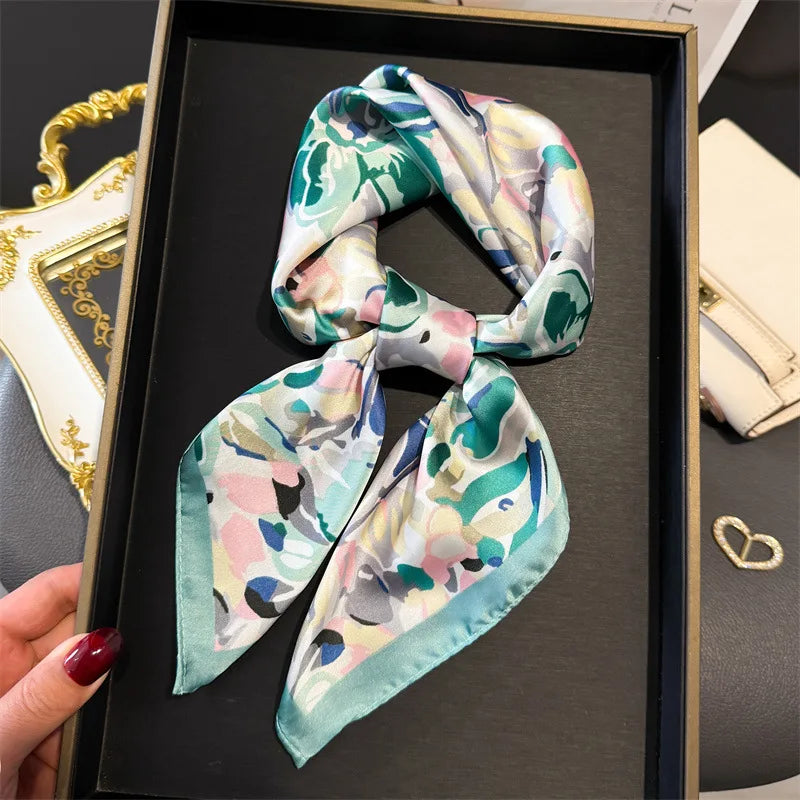 Elegant Floral Silk Scarf – Luxury 70cm Square Designer Foulard for Women | Versatile Shawl, Hijab, Hair Tie & Chic Accessory
