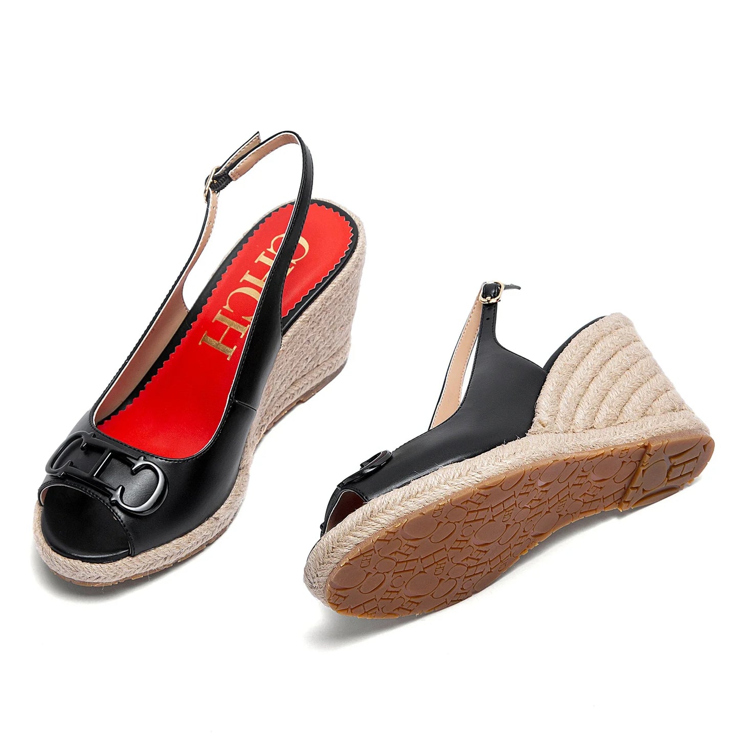 Luxury Brand Women's Summer Casual Sandals – Gold Initials Insignia PU Leather Wedges