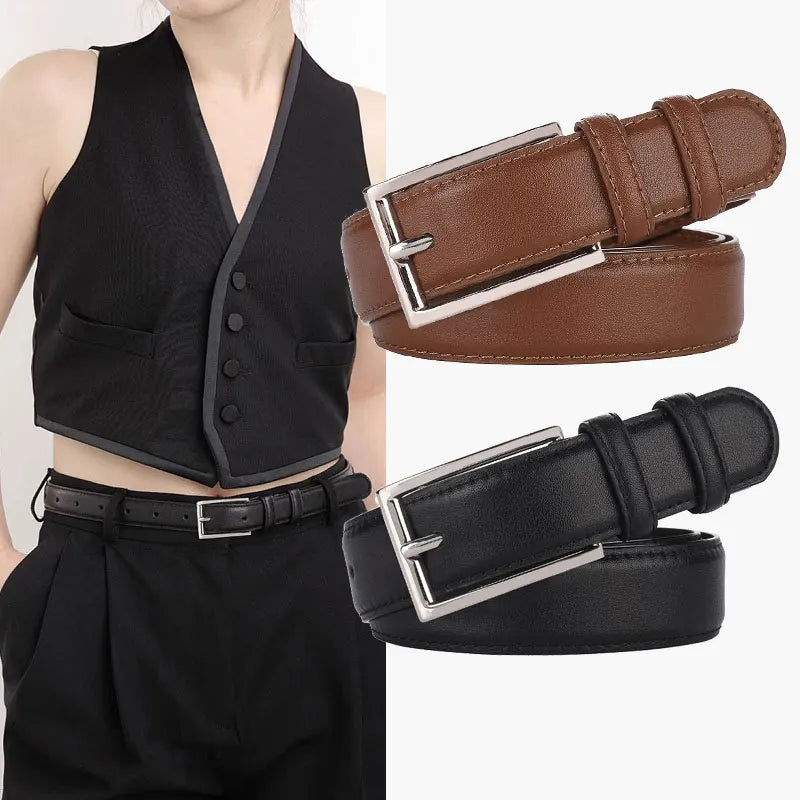 Luxury Genuine Leather Wide Belt for Women – Simple Fashion Accessory with Gold Buckle, 2.8cm Wide Brown Cowhide Belt, Perfect to Match Jeans