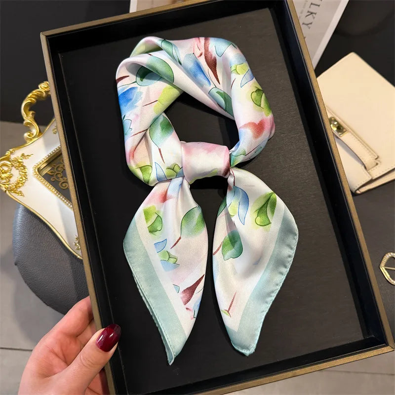 Elegant Floral Silk Scarf – Luxury 70cm Square Designer Foulard for Women | Versatile Shawl, Hijab, Hair Tie & Chic Accessory