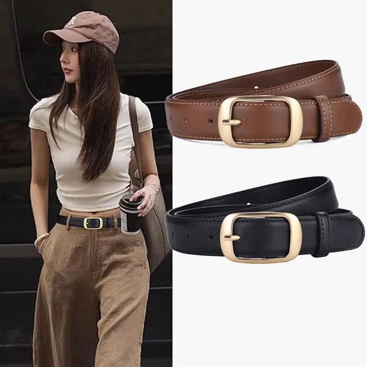 Luxury Genuine Leather Wide Belt for Women – Simple Fashion Accessory with Gold Buckle, 2.8cm Wide Brown Cowhide Belt, Perfect to Match Jeans