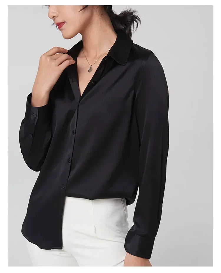 Women’s Long-Sleeve Silk Shirt – 19mm Mulberry Satin Blouse, Loose Fit and Versatile – Made with 95% Natural Silk and 5% Spandex