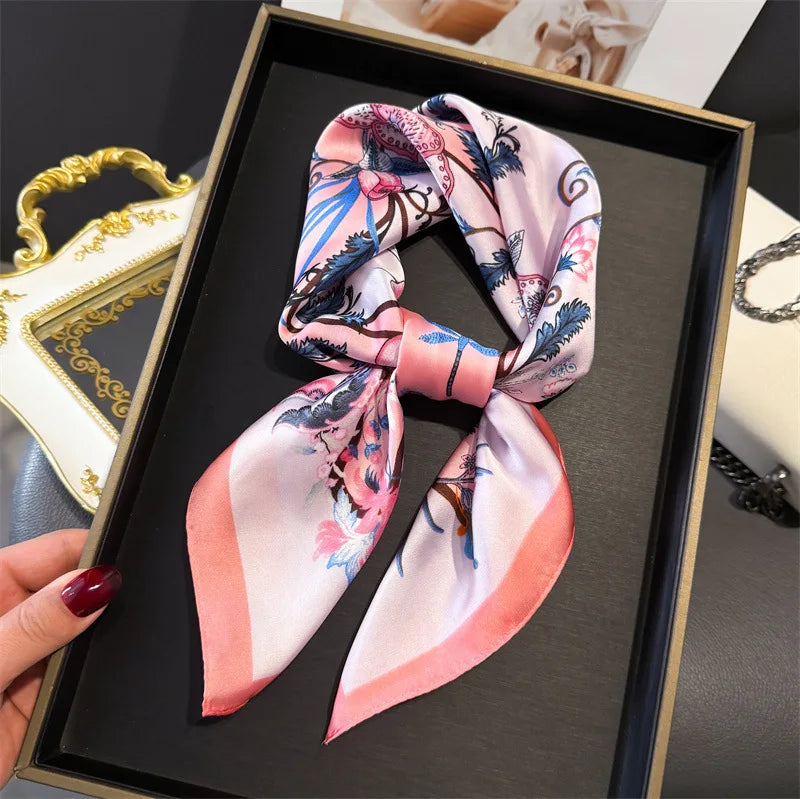 Elegant Floral Silk Scarf – Luxury 70cm Square Designer Foulard for Women | Versatile Shawl, Hijab, Hair Tie & Chic Accessory