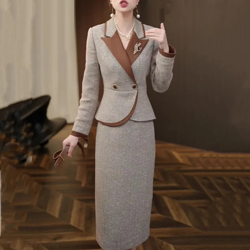 New Autumn and Winter Fashion – High-End Elegant Slim-Fit Suit Top and Dress Set – Sophisticated Two-Piece Outfit for a Timeless, Goddess Look