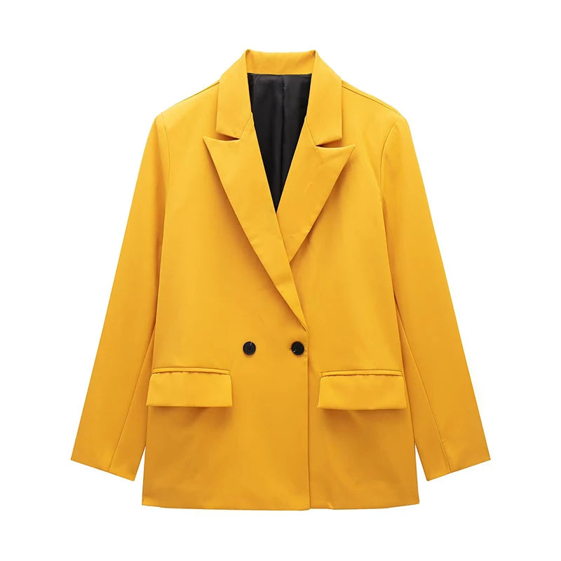 Willshela Women’s Fashion Blazer with Pockets – Solid Double-Breasted Vintage Design, Long Sleeves, Notched Collar – Elegant Office Outfit for Ladies