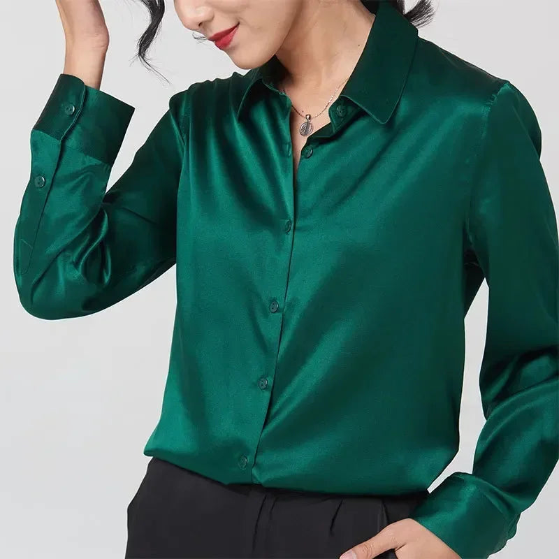 Women’s Long-Sleeve Silk Shirt – 19mm Mulberry Satin Blouse, Loose Fit and Versatile – Made with 95% Natural Silk and 5% Spandex