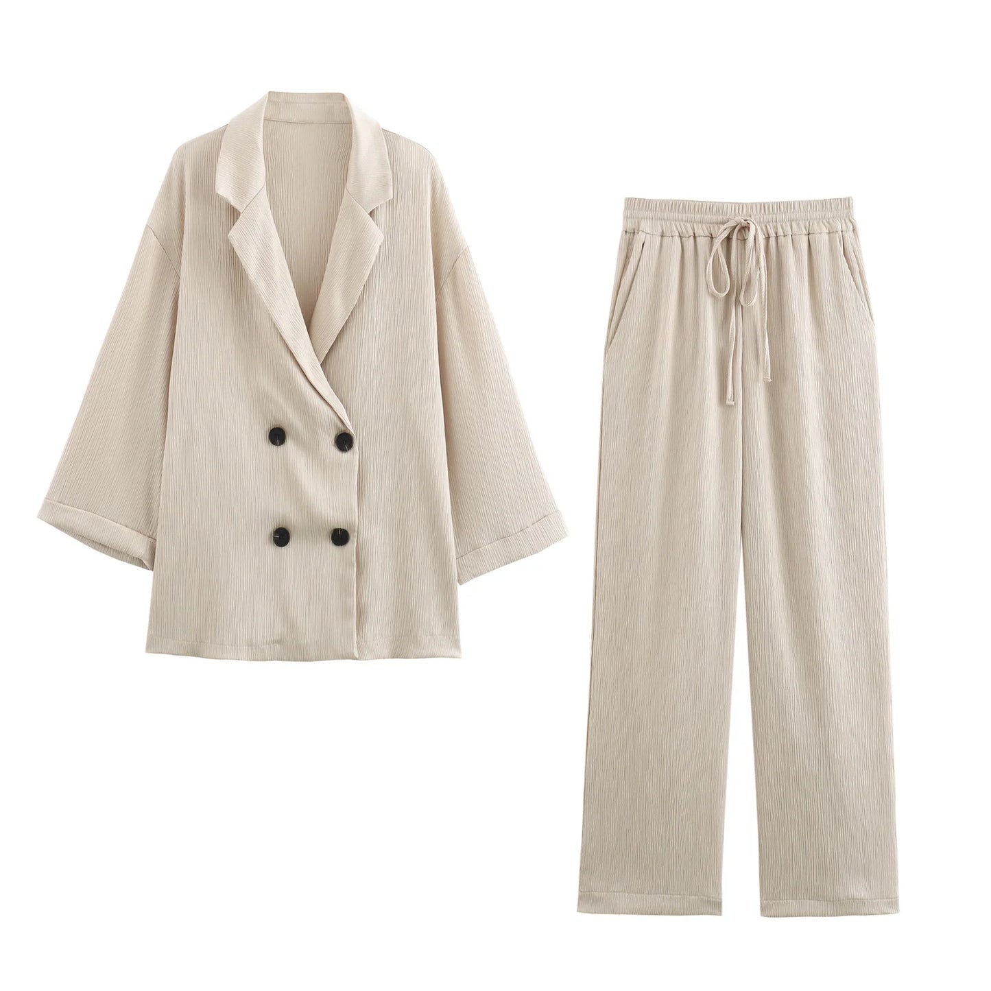 2025 Autumn Women’s Casual Blazer and Pants Set – Long Sleeve Double-Breasted Blazer with Wide-Leg Trousers – Stylish Office Outfit for Ladies