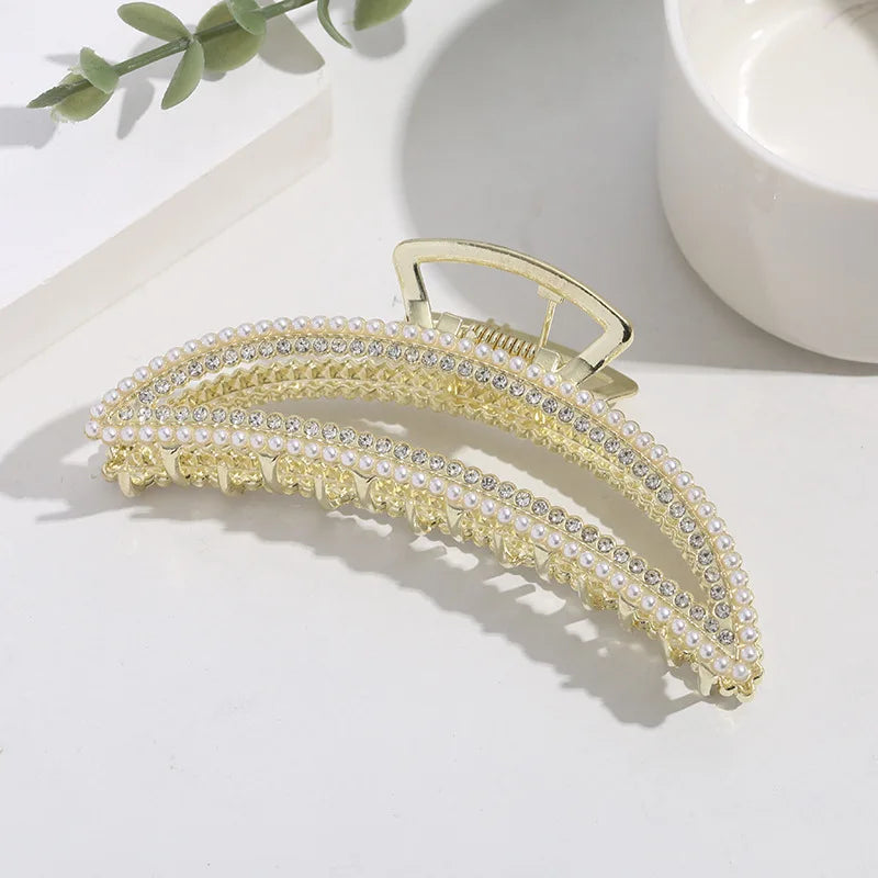 Luxury Pearl & Diamond Metal Hair Claw – Non-Slip Large Clip for Women | Elegant Shark Design | Premium Hair Accessory