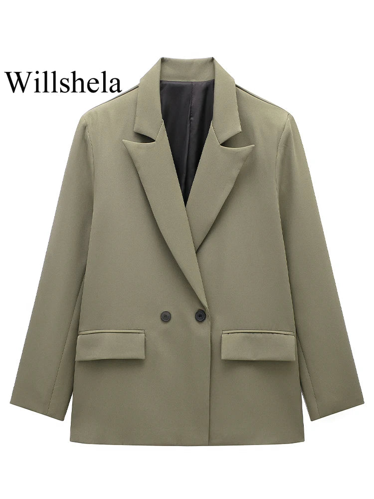 Willshela Women’s Fashion Blazer with Pockets – Solid Double-Breasted Vintage Design, Long Sleeves, Notched Collar – Elegant Office Outfit for Ladies
