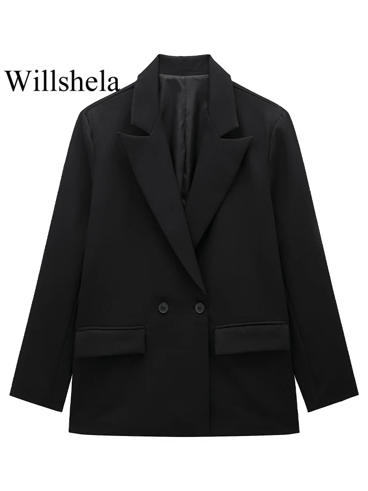 Willshela Women’s Fashion Blazer with Pockets – Solid Double-Breasted Vintage Design, Long Sleeves, Notched Collar – Elegant Office Outfit for Ladies