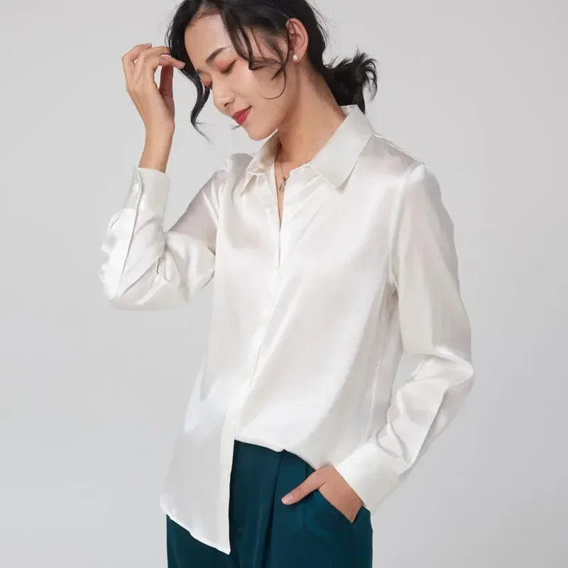 Women’s Long-Sleeve Silk Shirt – 19mm Mulberry Satin Blouse, Loose Fit and Versatile – Made with 95% Natural Silk and 5% Spandex