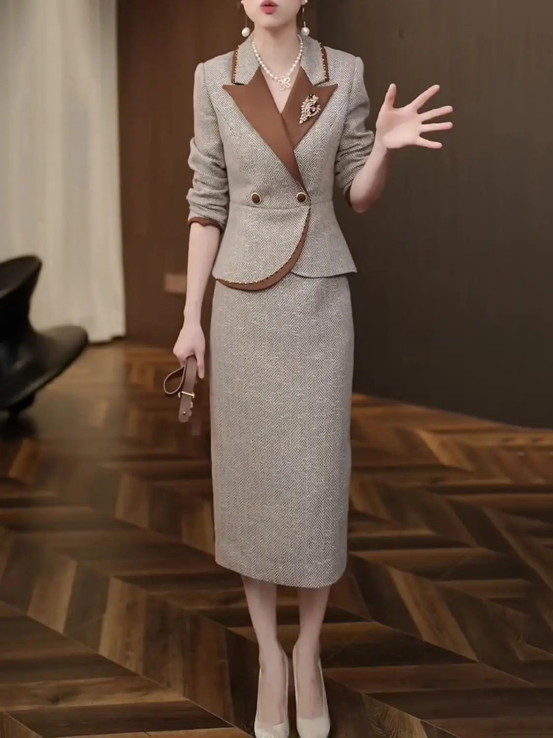 New Autumn and Winter Fashion – High-End Elegant Slim-Fit Suit Top and Dress Set – Sophisticated Two-Piece Outfit for a Timeless, Goddess Look
