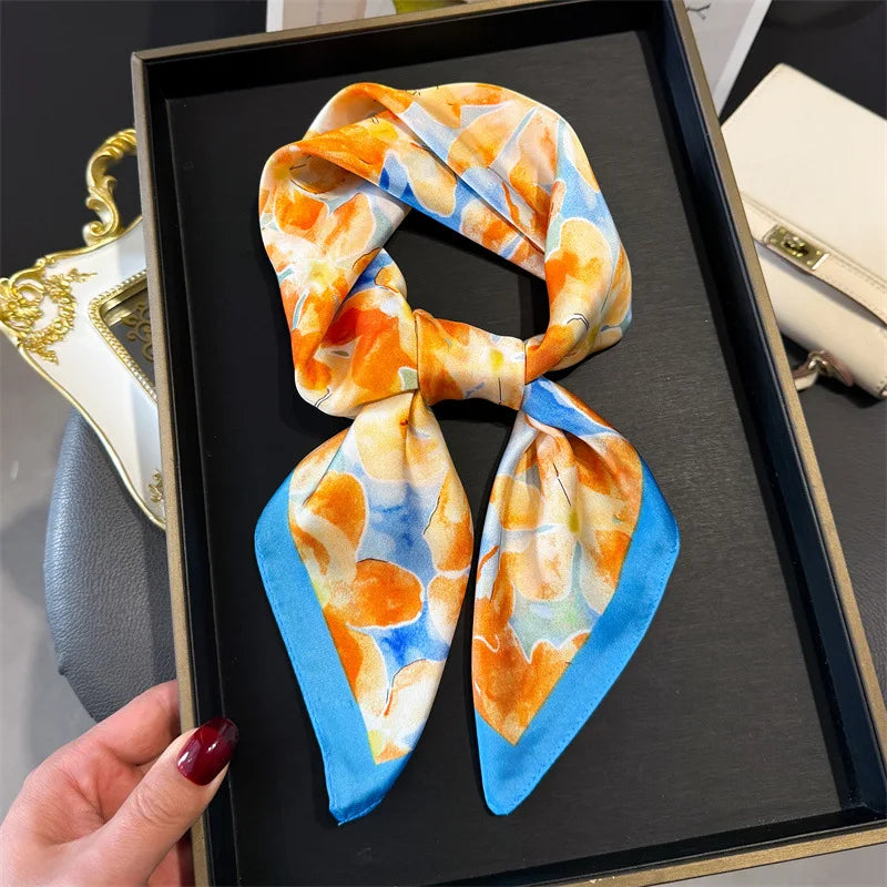 Elegant Floral Silk Scarf – Luxury 70cm Square Designer Foulard for Women | Versatile Shawl, Hijab, Hair Tie & Chic Accessory