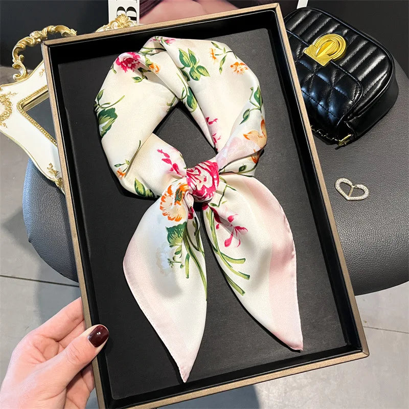 Elegant Floral Silk Scarf – Luxury 70cm Square Designer Foulard for Women | Versatile Shawl, Hijab, Hair Tie & Chic Accessory