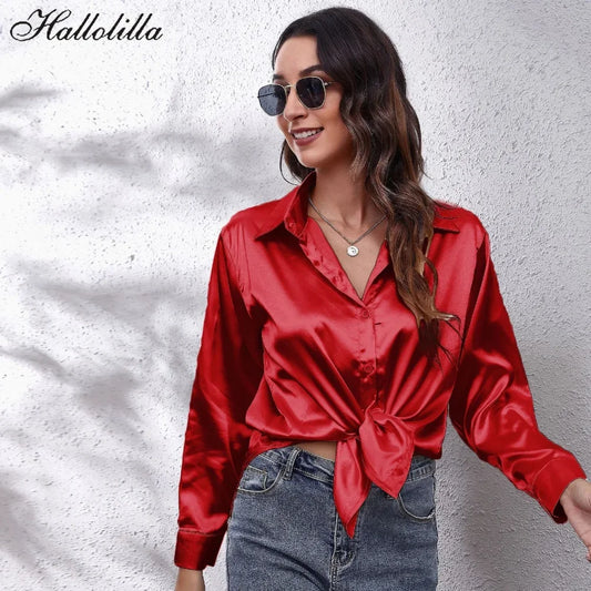 Women’s Satin Blouse – Elegant Long-Sleeve Shirt for Spring and Autumn – Stylish Streetwear and Casual Fashion Top