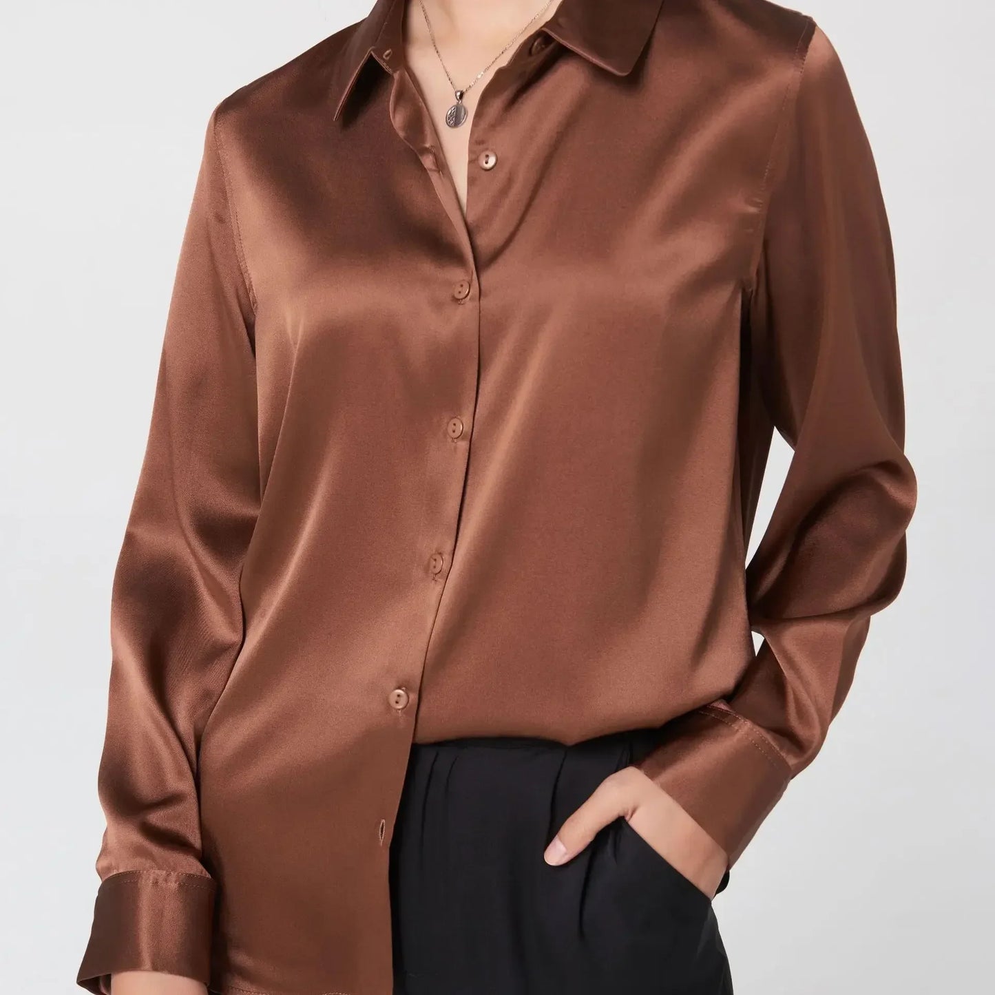 Women’s Long-Sleeve Silk Shirt – 19mm Mulberry Satin Blouse, Loose Fit and Versatile – Made with 95% Natural Silk and 5% Spandex