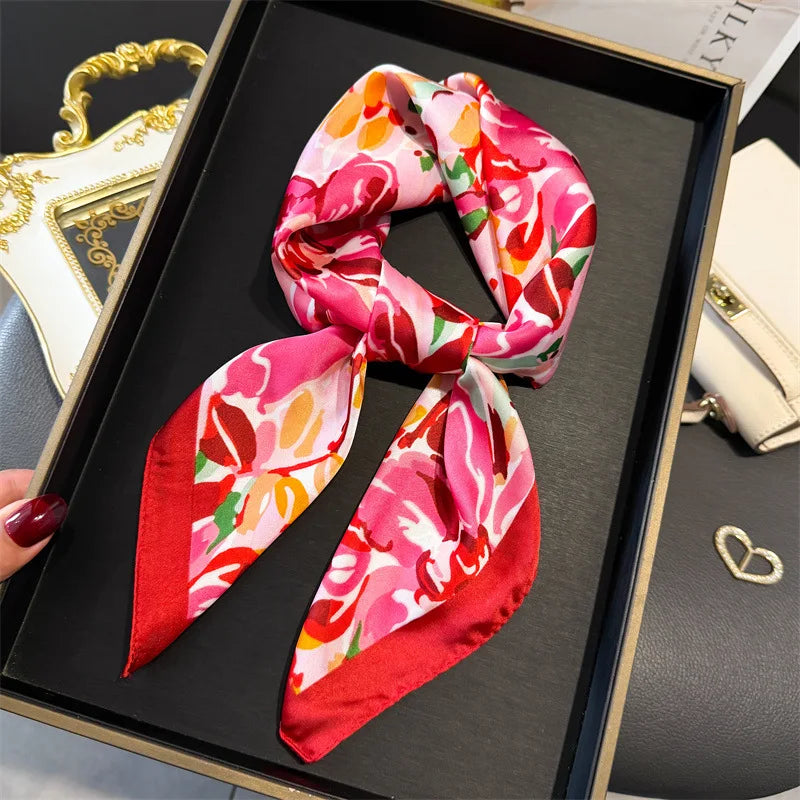 Elegant Floral Silk Scarf – Luxury 70cm Square Designer Foulard for Women | Versatile Shawl, Hijab, Hair Tie & Chic Accessory