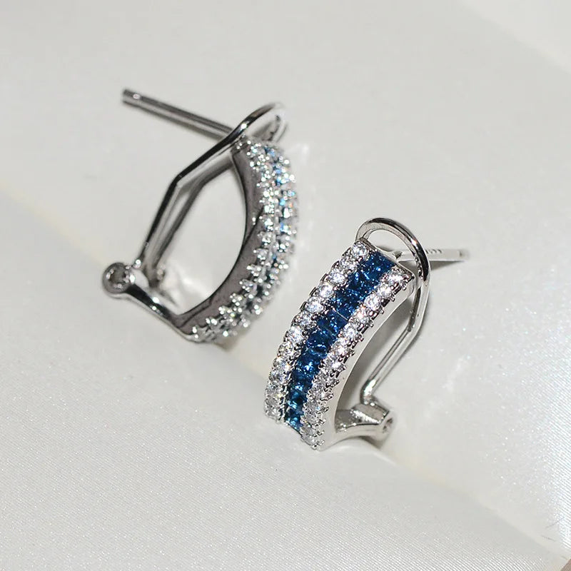 Blue and White AAA Cubic Zirconia 925 Silver Stud Earrings – Simple Rainbow Design for Women – Sterling Silver Filled BOHO Jewelry