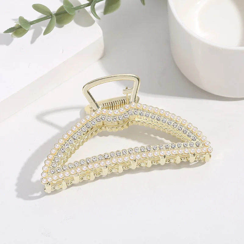 Luxury Pearl & Diamond Metal Hair Claw – Non-Slip Large Clip for Women | Elegant Shark Design | Premium Hair Accessory