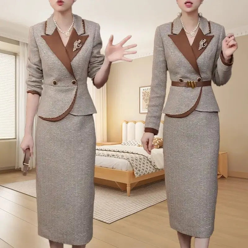 New Autumn and Winter Fashion – High-End Elegant Slim-Fit Suit Top and Dress Set – Sophisticated Two-Piece Outfit for a Timeless, Goddess Look