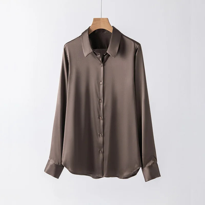 Women’s Long-Sleeve Silk Shirt – 19mm Mulberry Satin Blouse, Loose Fit and Versatile – Made with 95% Natural Silk and 5% Spandex