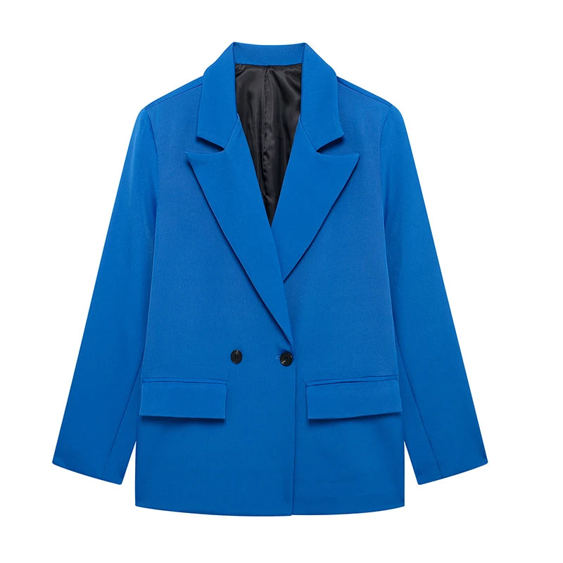 Willshela Women’s Fashion Blazer with Pockets – Solid Double-Breasted Vintage Design, Long Sleeves, Notched Collar – Elegant Office Outfit for Ladies