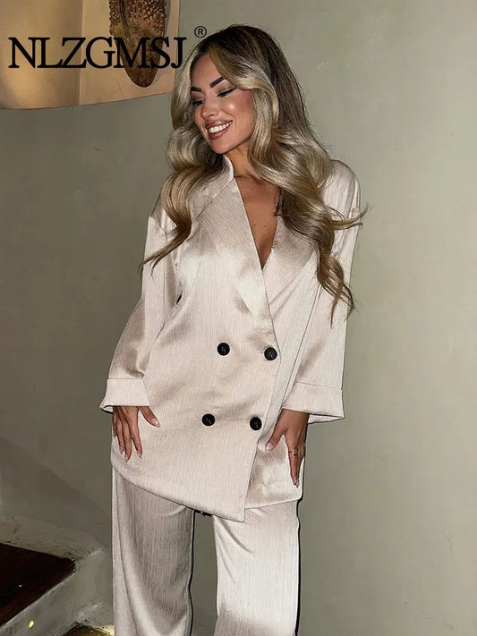 2025 Autumn Women’s Casual Blazer and Pants Set – Long Sleeve Double-Breasted Blazer with Wide-Leg Trousers – Stylish Office Outfit for Ladies