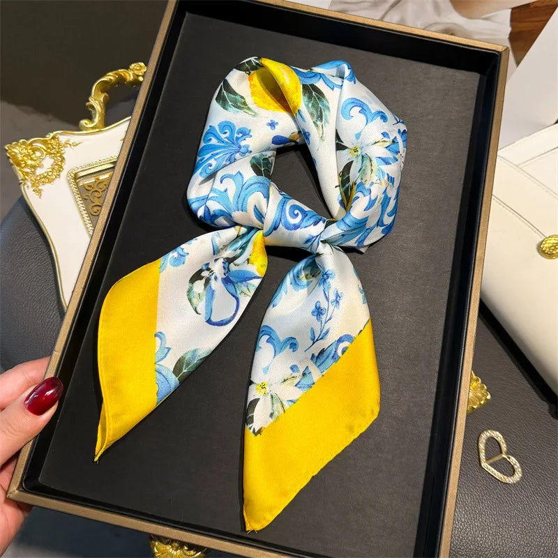 Elegant Floral Silk Scarf – Luxury 70cm Square Designer Foulard for Women | Versatile Shawl, Hijab, Hair Tie & Chic Accessory