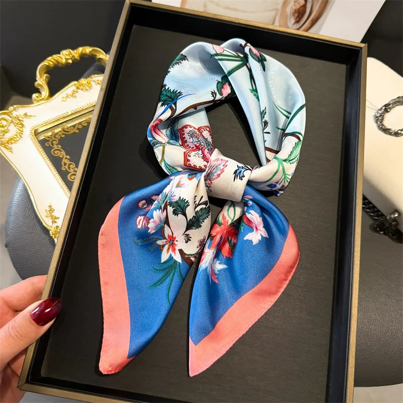 Elegant Floral Silk Scarf – Luxury 70cm Square Designer Foulard for Women | Versatile Shawl, Hijab, Hair Tie & Chic Accessory