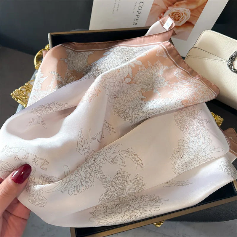 Elegant Floral Silk Scarf – Luxury 70cm Square Designer Foulard for Women | Versatile Shawl, Hijab, Hair Tie & Chic Accessory