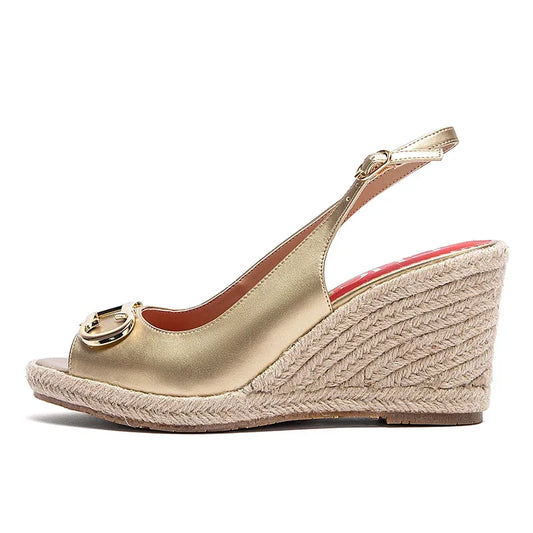 Luxury Brand Women's Summer Casual Sandals – Gold Initials Insignia PU Leather Wedges