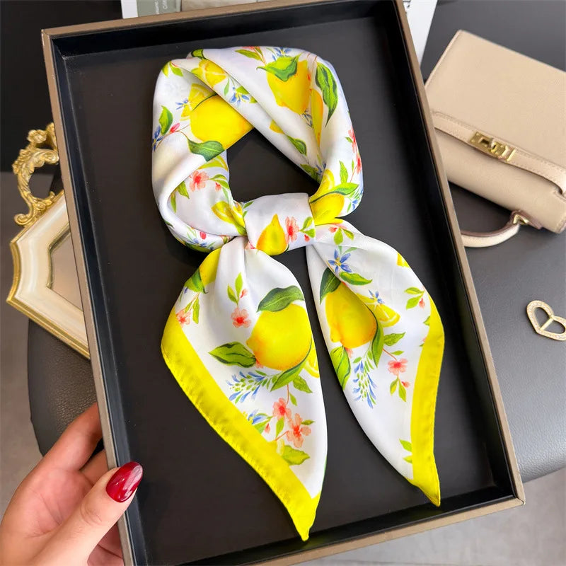Elegant Floral Silk Scarf – Luxury 70cm Square Designer Foulard for Women | Versatile Shawl, Hijab, Hair Tie & Chic Accessory