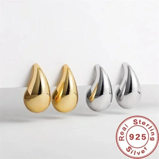 925 Sterling Silver Chunky Teardrop Earrings – 18K Gold Plated Vintage Dome Design | Bold Glossy Hoops for Timeless European Elegance