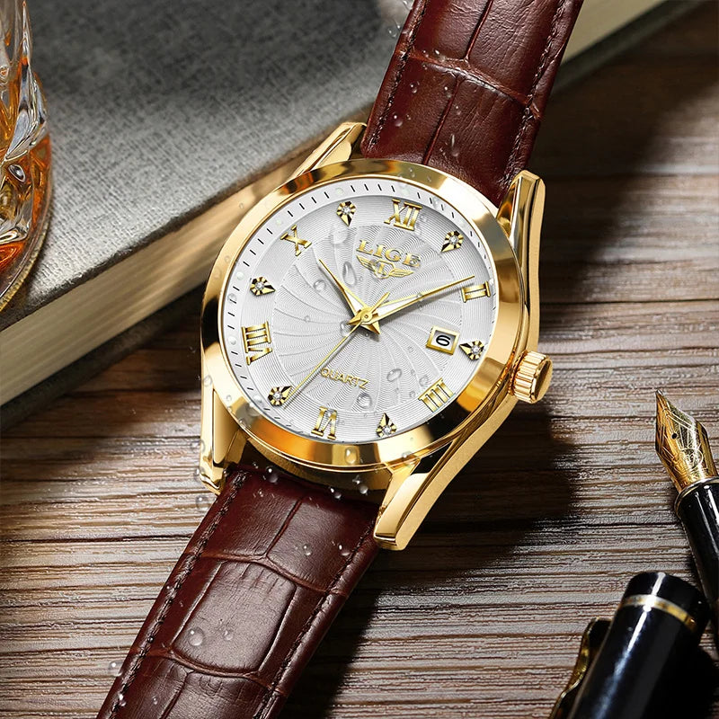 LIGE Women's Luxury Classic Watch – Waterproof Sport Leather Strap – Top Brand Fashion Timepiece for Ladies