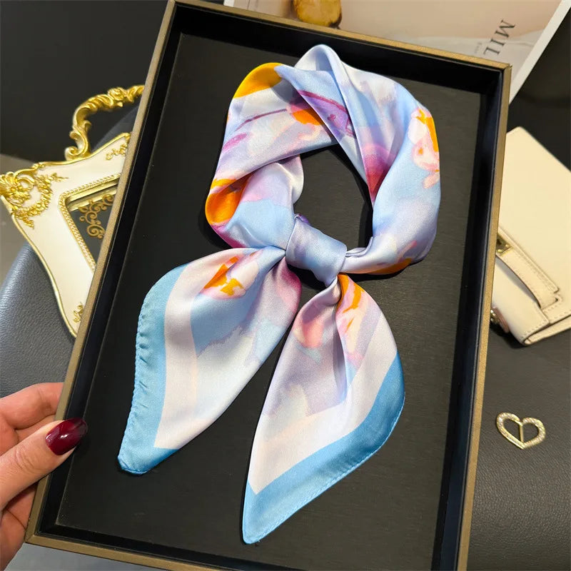 Elegant Floral Silk Scarf – Luxury 70cm Square Designer Foulard for Women | Versatile Shawl, Hijab, Hair Tie & Chic Accessory