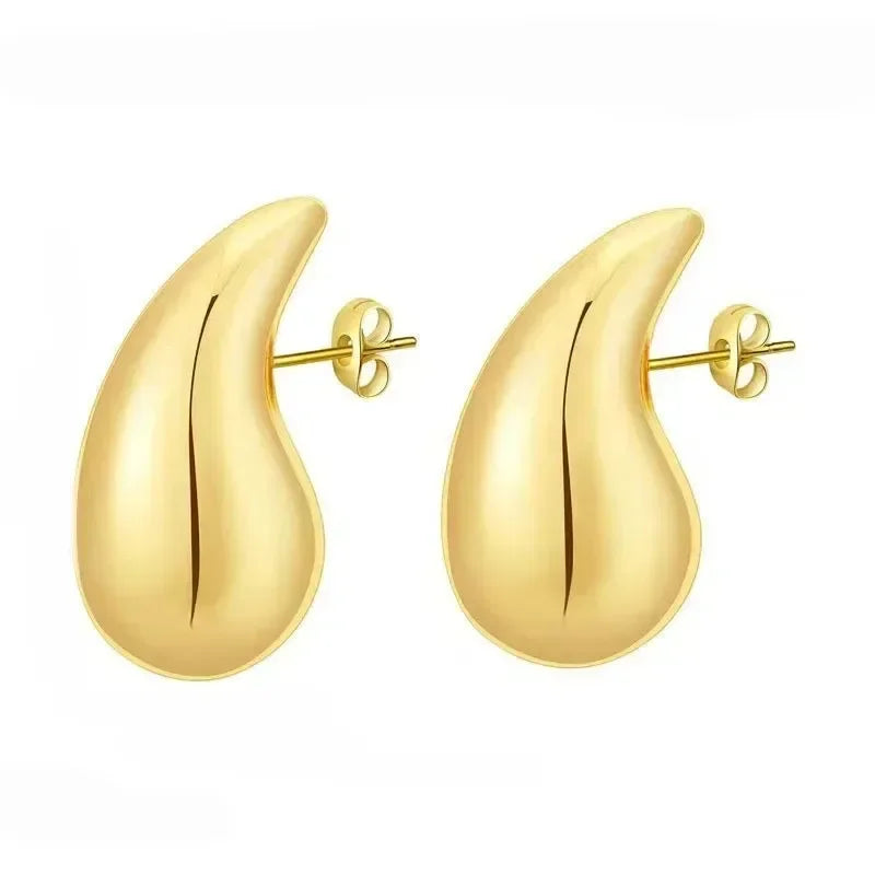 925 Sterling Silver Chunky Teardrop Earrings – 18K Gold Plated Vintage Dome Design | Bold Glossy Hoops for Timeless European Elegance
