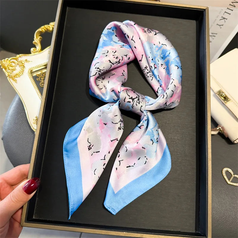 Elegant Floral Silk Scarf – Luxury 70cm Square Designer Foulard for Women | Versatile Shawl, Hijab, Hair Tie & Chic Accessory