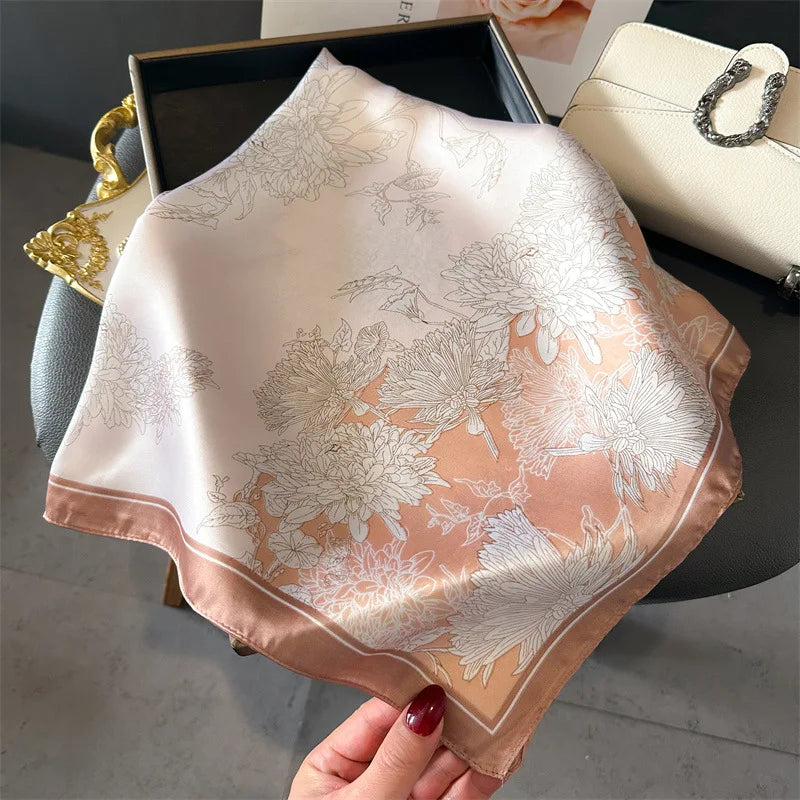 Elegant Floral Silk Scarf – Luxury 70cm Square Designer Foulard for Women | Versatile Shawl, Hijab, Hair Tie & Chic Accessory