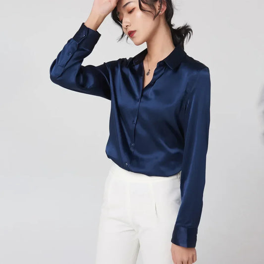 Women’s Long-Sleeve Silk Shirt – 19mm Mulberry Satin Blouse, Loose Fit and Versatile – Made with 95% Natural Silk and 5% Spandex