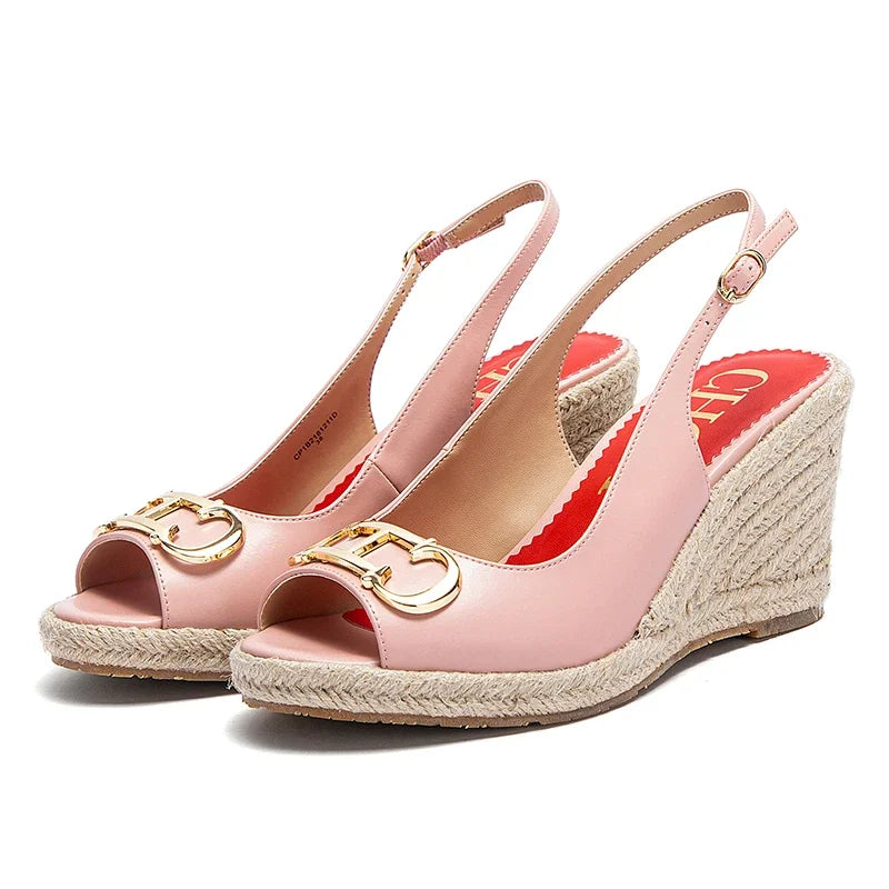 Luxury Brand Women's Summer Casual Sandals – Gold Initials Insignia PU Leather Wedges