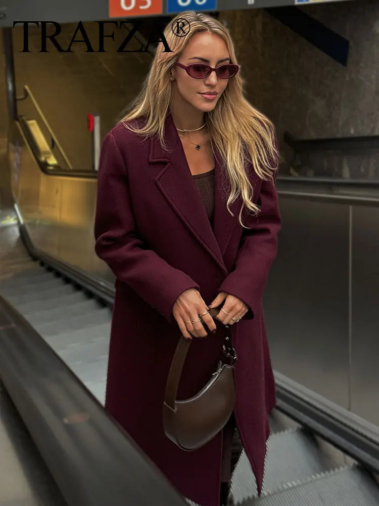 TRAFZA Women's Burgundy Wool Blend Coat – Double-Breasted High-Street Elegance | Long Sleeve Lapel Jacket for Autumn & Winter