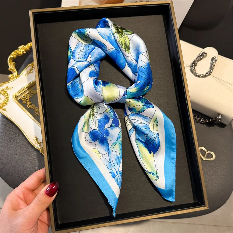 Elegant Floral Silk Scarf – Luxury 70cm Square Designer Foulard for Women | Versatile Shawl, Hijab, Hair Tie & Chic Accessory